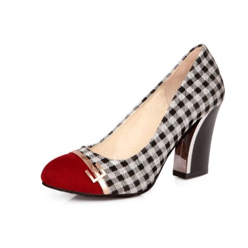 Charm Foot Vintage Damier Womens Chunky Heel Pumps Shoes