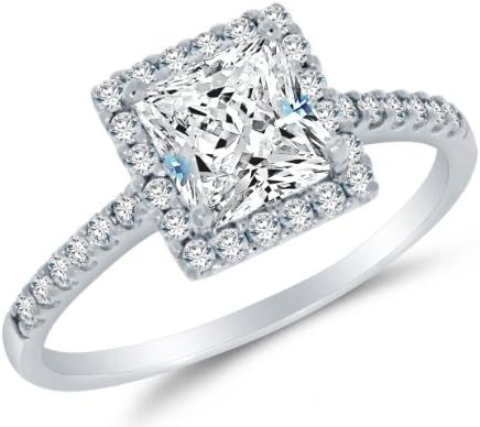 Size 8 - Solid 14k White Gold Highest Quality CZ Cubic Zirconia Halo Engagement Ring - Princess Cut Solitaire with Round Side Stones (1.75cttw., 1.0ct. Center)