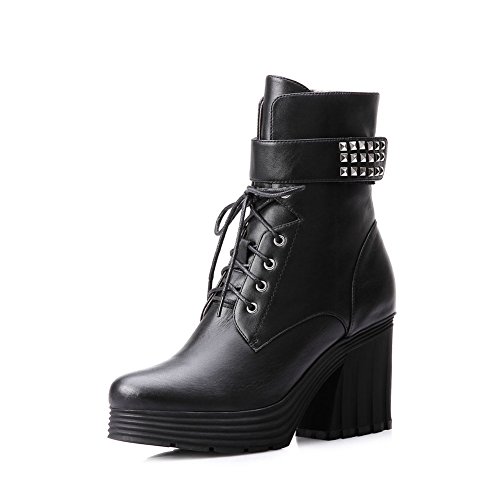 Komanic Chunky High Heels Leather Women Mid Calf Boots Black Size6