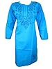 Womans Cotton Kurti Blue Tunic Dress Floral Embroidered Caftan Dress M Size