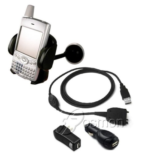 Palm (PalmOne) TX / Tungsten T5 / E2 / TREO 650 / 680 / 750v / 700w / 700p / 700wx / LifeDrive/Blackberry 8800, 7130v, 8707g Ultimate Charging Combo - featuring Hotsync and Charging Cable, USB Car Charger Adapter, USB Travel Charger Adapter and Black Windshield/Vent Mount PDA Holder