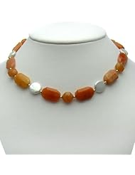 14k Yellow Gold 11-12mm Coin Shape White Freshwater Pearl with 10mm Octagon Orange Aventurine, 12x18mm Rectangular Orange Carnilian and 3mm Gold Beads Necklace 20.25" Length.