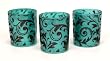 Set of 3 Teal Votive Holders & Tealights with Decorative Bronze Glitter Leaf Accents