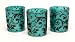 Set of 3 Teal Votive Holders & Tealights with Decorative Bronze Glitter Leaf Accents