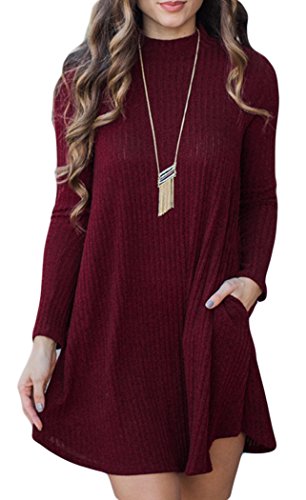 POGT Women's Sexy Long Sleeve Knitted Casual A-Line Sweater Dress with Pockets