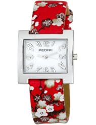 Pedre Womens 6012SX Silver-Tone with Red Asian Floral Strap Watch