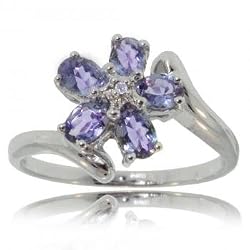 Tanzanite & Diamond Flower Bypass Ring in Solid 14K White Gold