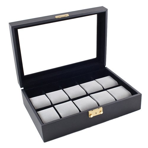 Classic Black Watch Case With Glass Clear Top Holds 10 Watches With Lock
