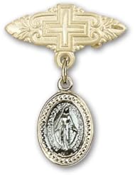 Gold Filled Baby Badge with Blue Miraculous Charm and Badge Pin with Cross