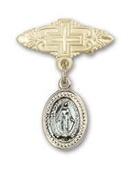 Gold Filled Baby Badge with Blue Miraculous Charm and Badge Pin with Cross