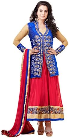 Indian Designer Georgette Red &amp; Blue Embroidered Salwar Kameez