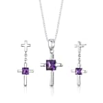 Sterling Silver Cross Design 2.00 carats total weight Princess Cut Amethyst Pendant Earrings and 18 inch Necklace Set