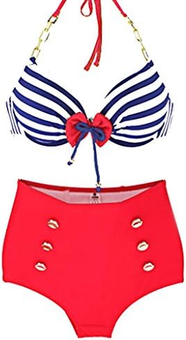 TXS Women's Stripes High Waist Bow Knot Push up Bikini Set Swimsuit Us 6 Red