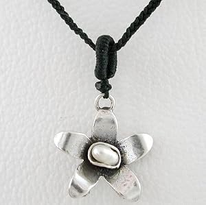 Flower Pendant with Pearl Gemstone Bead on a 16" Thin Black Braided Choker Cord, #8814