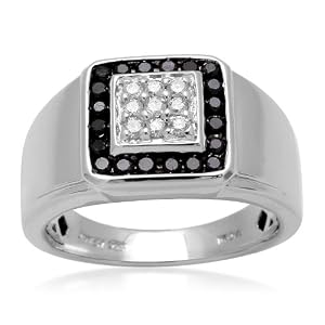 Men's Sterling Silver Black and White Diamond Square Ring (1/2 cttw, I-J Color, I3 Clarity)