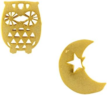 AppleLatte Mismatched Owl/Moon Earrings, Gold Plated Stud