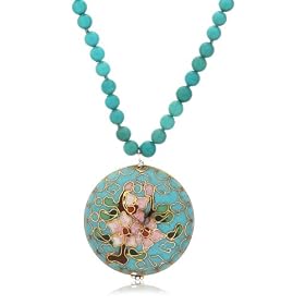 Sterling Silver Beaded Turquoise Necklace with Cloisonne Pendant, 16-18 by