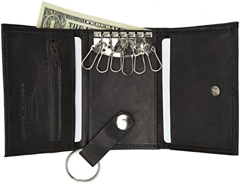 Genuine Leather Men's Key Holder Zip around 6 Key Chain Wallet Case Black Trifold