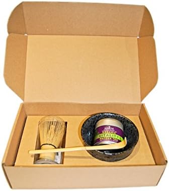 Matcha Tea Gift Set includes 30g organic Finest Matcha tea, handmade matcha bowl, natural bamboo whisk and spoon. Best matcha starter set.
