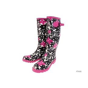 Ladies/Womens Flower Pattern Black/Pink Wellies/Wellington Boots