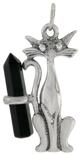 41tLtIIUEsL Sterling Silver Oxidized Sitting Cat Pendant, w/ Black Crystal Point, 1 3/16 (30mm) tall