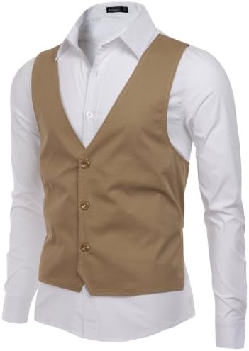 Doublju Mens Front Vest patched Long Sleeve Shirts, Beige, L