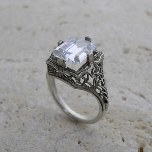 14K White Gold Antique Style Floral Filigree Emerald Shape CZ Ring or Ring Setting