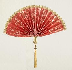 Asian Fusion Beaded Red Fan with Gold Tassel Christmas Ornament 9.5"