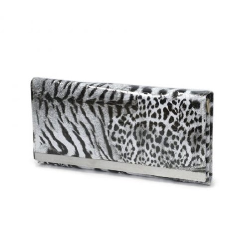 White Jungle Cat Print Embossed Foldover Faux Patent Leather Wallet - Ladies Fashion Wallet