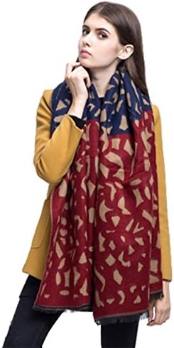 Women Diamond Printed Cashmere Female Thicken Warm Soft Scarf Shawls (Red Blue)
