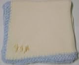 Knitted on Hand Knitting Machine Ivory Cotton Hand Crochet Finished with Blue Chenille Infant Boys Large Blanket Size 32 By 45 Inches with Ivory Letter Name or Initials up to Five Letters