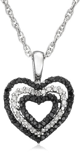 Sterling Silver Black and White Diamond Heart Pendant, (0.33 cttw)