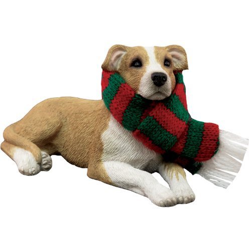 Sandicast Fawn Pit Bull Terrier with Red and Green Scarf Christmas Ornament Sandicast Fawn Pit Bull Terrier with Red and Green Scarf Christmas Ornament