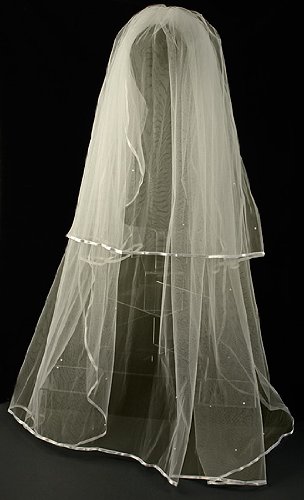 Ivory Two Tier Bridal Veil with Satin Edges & Scattered Pearls