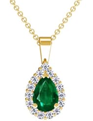 18K Yellow Gold Pear Cut Emerald And Round Diamond Pendant (GIA Certificate)