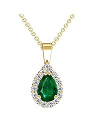 14K Yellow Gold Pear Cut Emerald And Round Diamond Pendant (GIA Certificate)
