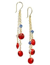 Swarovski Elements Red Disc and Crystal AB and Blue Bicone Bead Multi-Drop Earrings on Gold Plated Sterling Silver Earwire