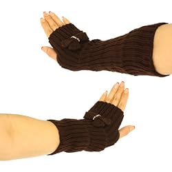 Knit Arm Warmer Fingerless Bow Crystals Gloves Brown