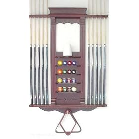 10 Billiard Cue Stick Pool Ball Wall Rack Made of Wood Mahogany Finish
