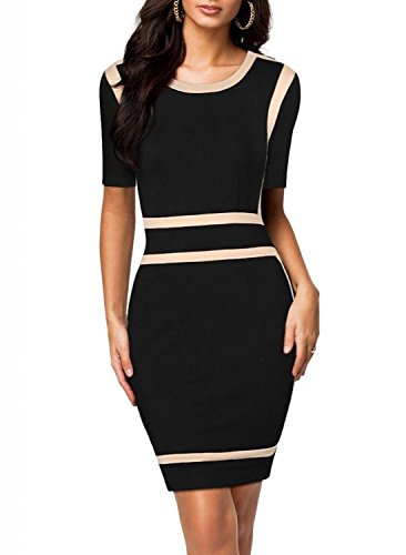 (ミネセンム)Minesam レディース 女性 夏 ワンピース 切替 黒い弾力スリム 超s　半袖　膝丈　着痩せ　OL 3サイズ選択可能