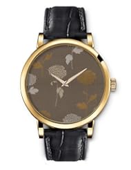 SPRAWL Aanalog Fashion Series Gold Ladies Watches of Genuine Black Leather Strap,Unique Wrist Watch for Women Girls Designed with Chrysanthemum Flowers on coffee background