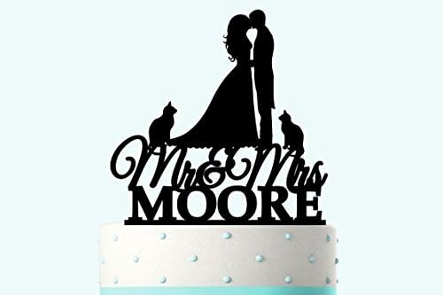 Custom Family Name Wedding Cake Topper Silhouette Groom and Bride, Acrylic Cake Topper, Pet Cats, Mrs&amp;Mr Cake Topper.