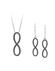 Sterling Silver, Black Diamond Infinity Earrings and Pendant with Box Chain Set (1/2 cttw)
