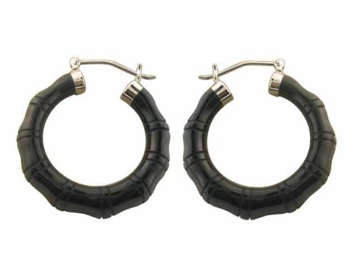 Onyx Bamboo Hoop Earrings, 925 Sterling Silver