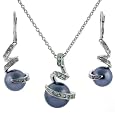 Exquisite Sterling Silver CZ Black Pearl Majorca Swirl Pendant Necklace and Earring Jewelry Gift Set Bucasi