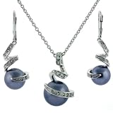 Exquisite Sterling Silver CZ Black Pearl Majorca Swirl Pendant Necklace and Earring Jewelry Gift Set Bucasi