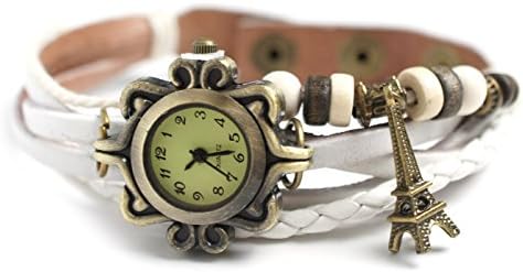 White Leather Antique Gold Bronze Eiffel Tower with Wood Beads Bohemian Bracelet Wrist Watch 7" to 8 1/4"
