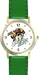 Bee on Flower Insect - Animal - WATCHBUDDY&reg; DELUXE TWO-TONE THEME WATCH - Arabic Numbers - Green Leather Strap-Size-Large ( Men's Size or Jumbo Women's Size )