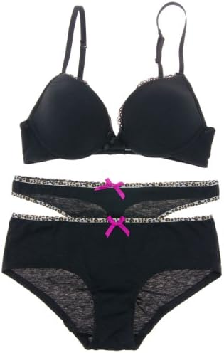 Always a Flirt 3 Piece Set of Cotton T Shirt Bra with Thong and Brief (34C/M, Black)