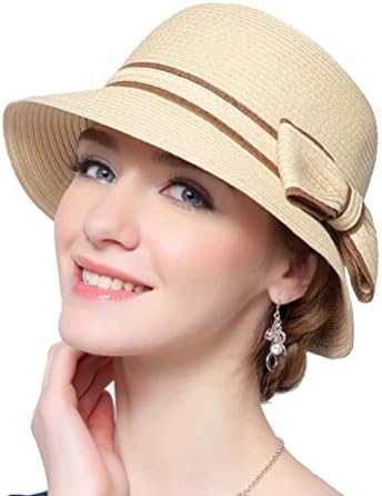 Mod Tree Women's Bowknot Stripes Straw Sun Hat Elegant Bucket Hat (beige)